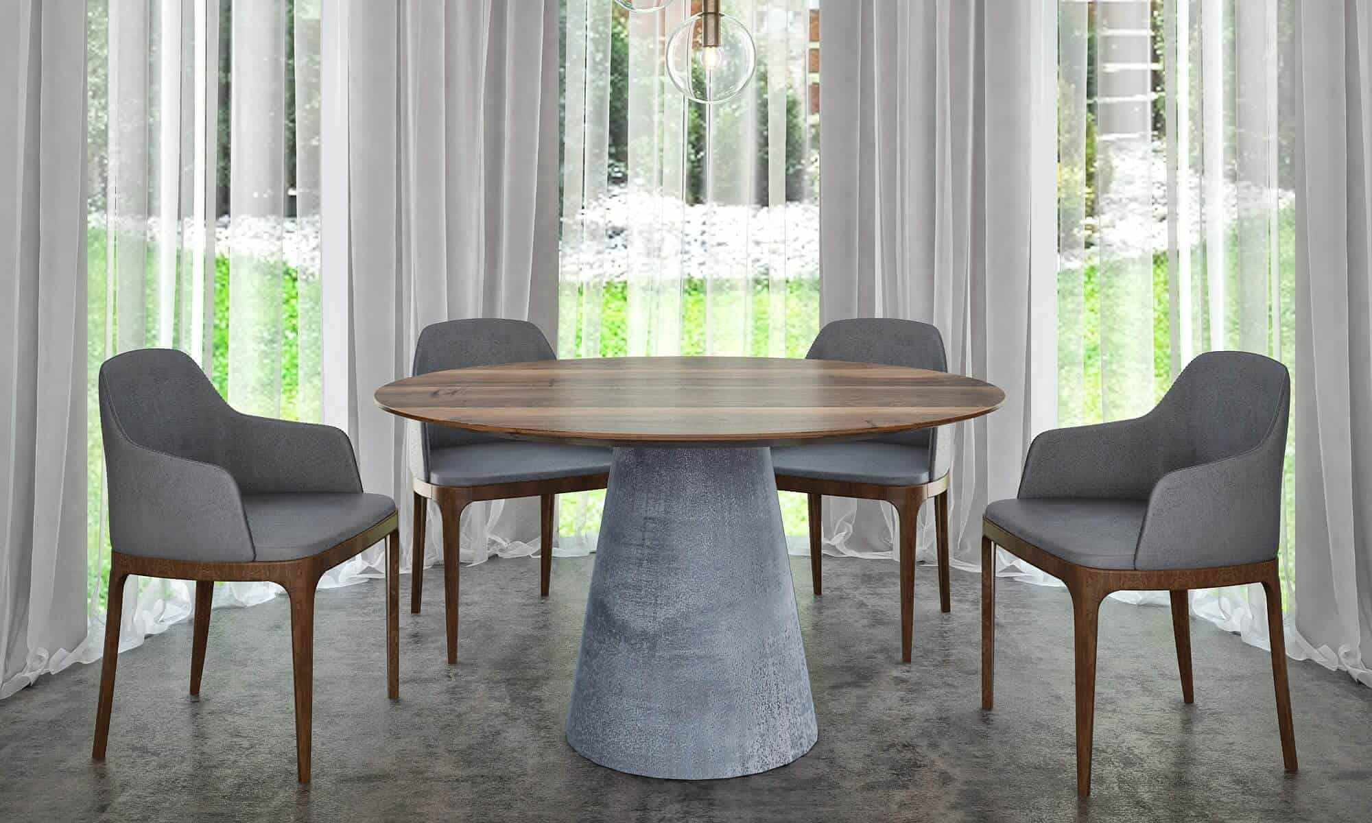 Dalgıç Kıyılmış ıslık  Kerek modern természetes hazai dió fa asztal, beton lábakkal